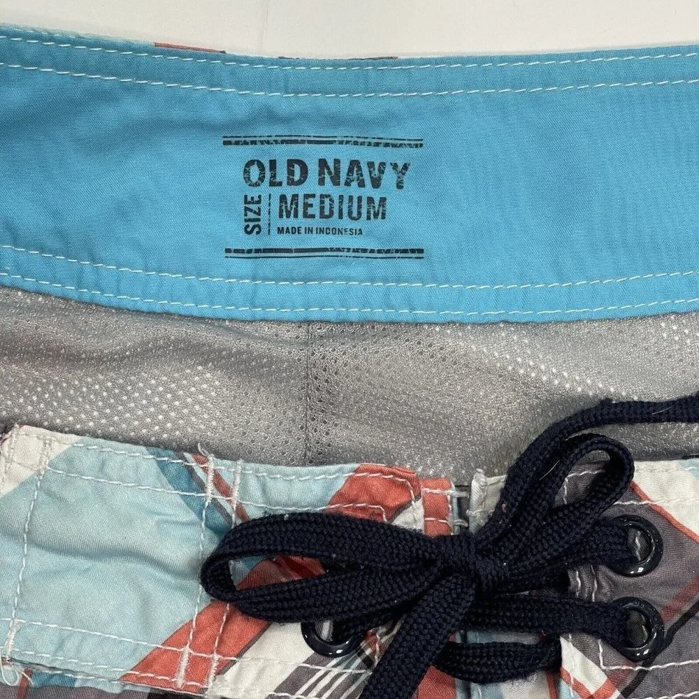 Vintage OLD NAVY Men's Plaid Swim Trunks Board Shorts Size Medium Grey Blue Pckt